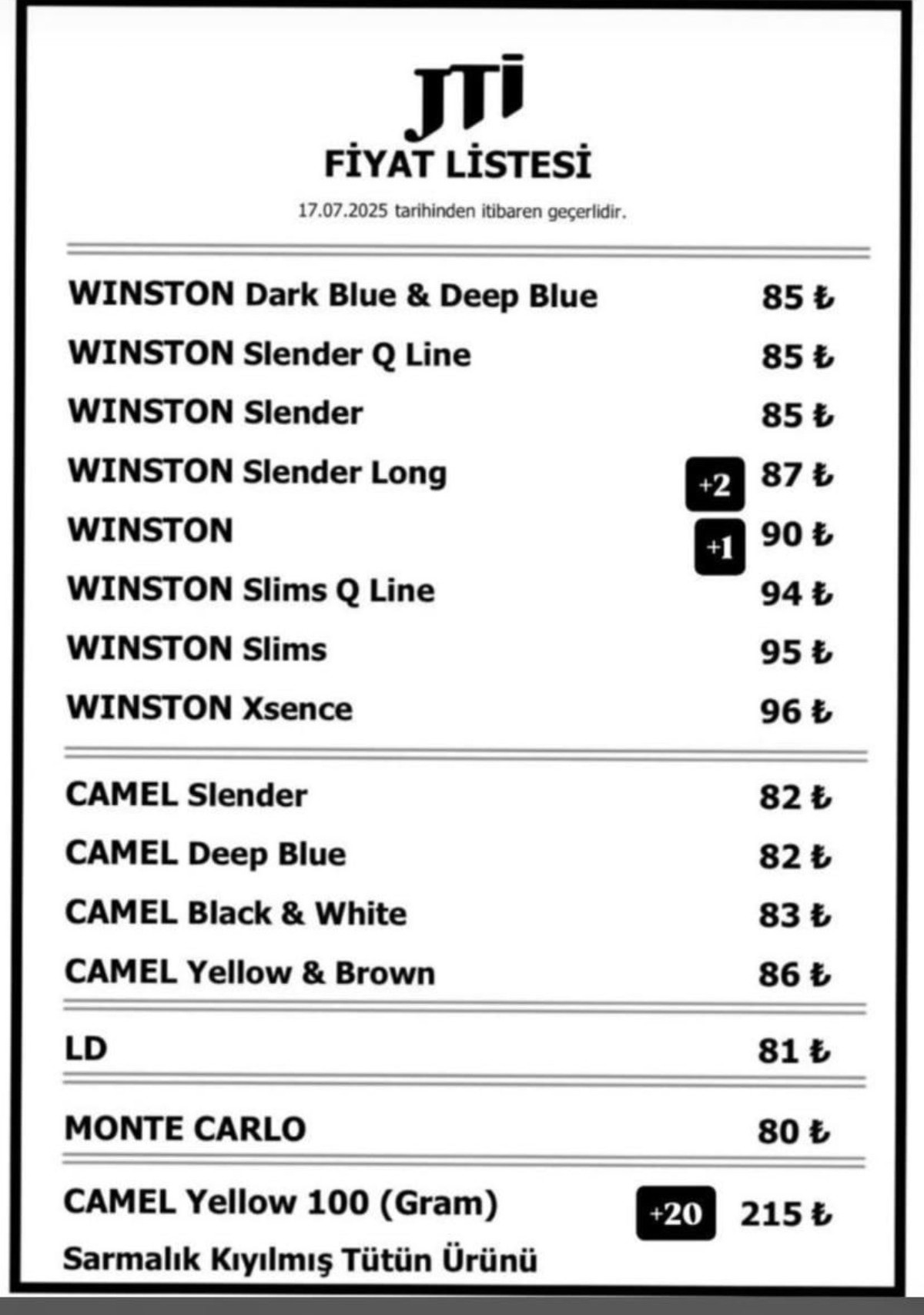 JTI grubu son fiyat listesi